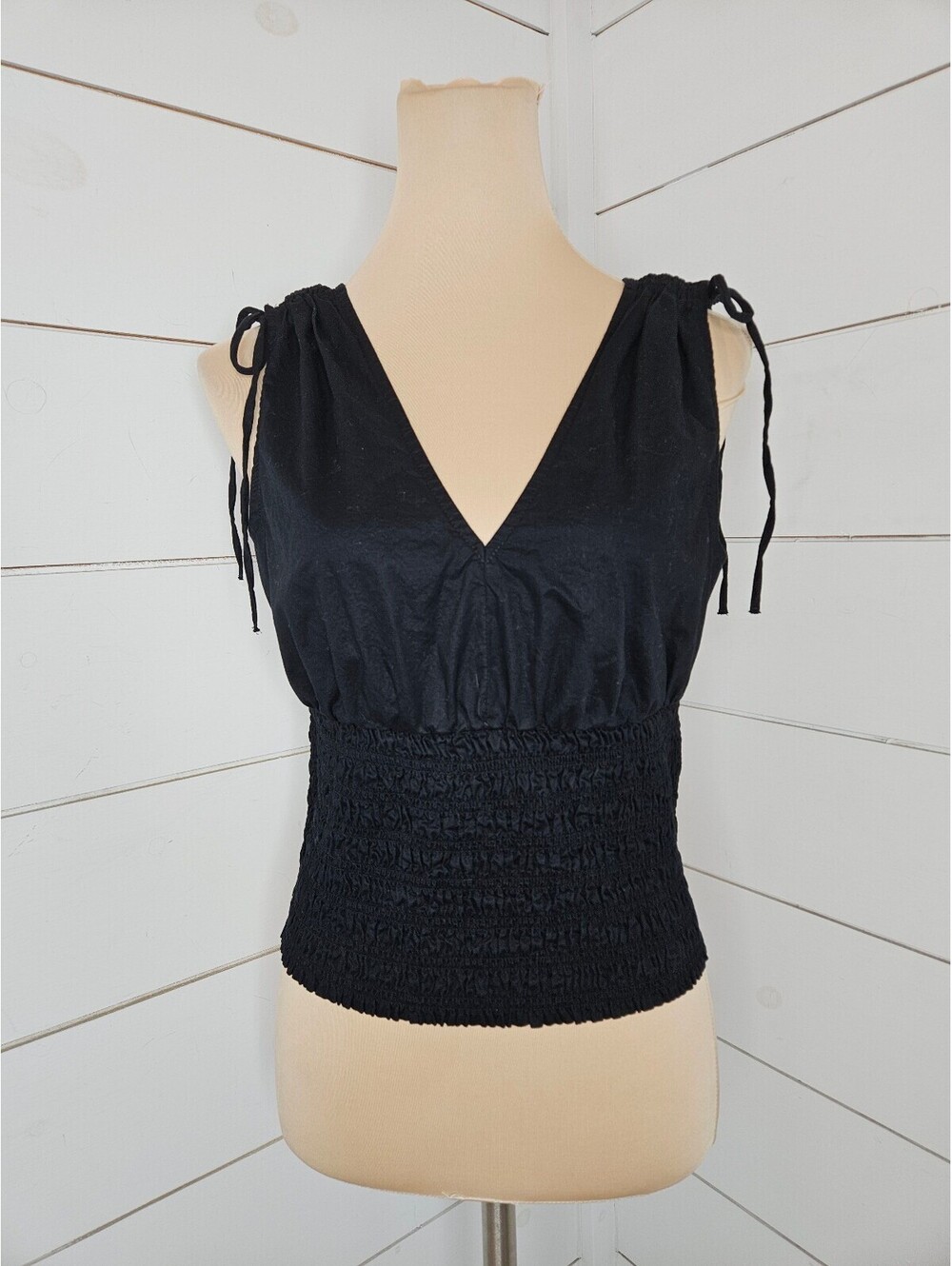 Old Navy small black smocked tank top with ties at shoulders